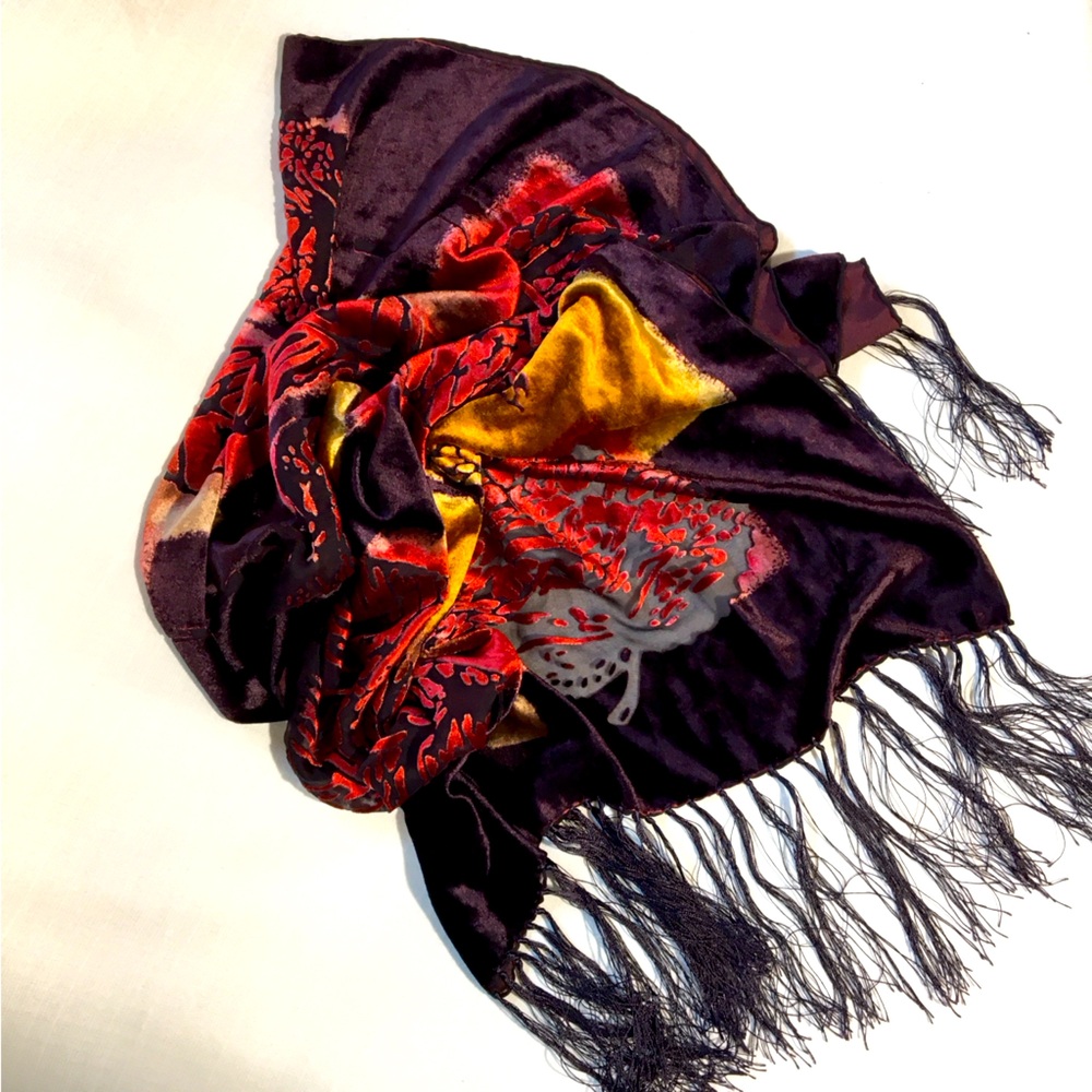 Silk‎ Velvet Burnout Fringe Wrap Hippie Whimsigoth Botantical Floral Leaf Sheer